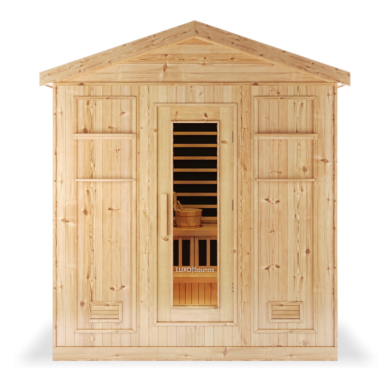 Luxo Kiima 6 Person Hybrid Finnish Outdoor Sauna in Natural, showcasing a rustic wooden cabin with a glass-paneled door, visible interior bench, and traditional sauna bucket, ideal for backyard relaxation.