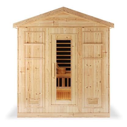 Luxo Kiima 6 Person Hybrid Finnish Outdoor Sauna in Natural, showcasing a rustic wooden cabin with a glass-paneled door, visible interior bench, and traditional sauna bucket, ideal for backyard relaxation.