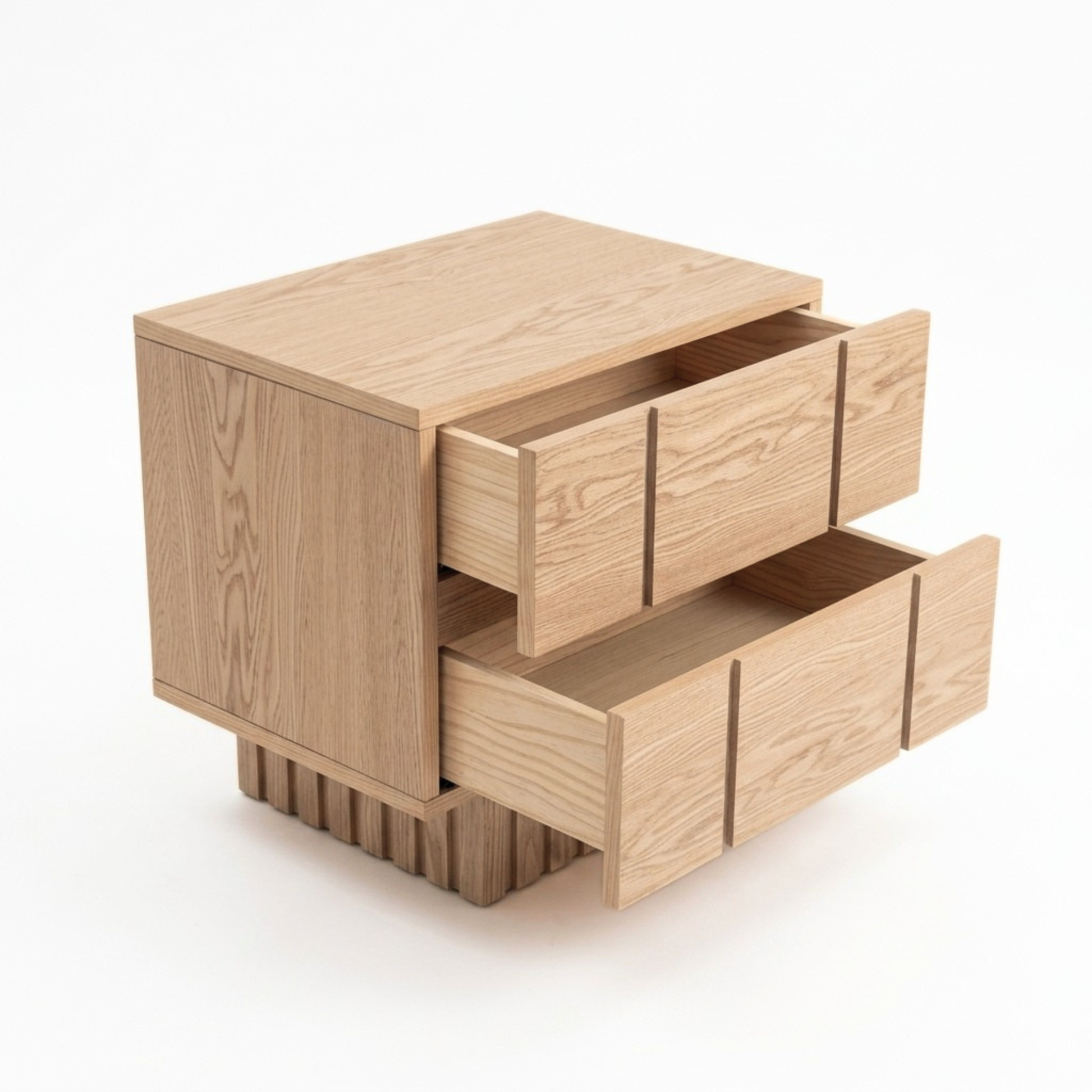 Wooden nightstand on white background with drawers open