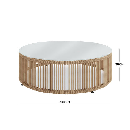 Solari 4 Seater Wicker Outdoor Sofa Set features a low, round coffee table with a woven-rope cylindrical base and a smooth light tabletop, perfect for a modern coastal aesthetic.