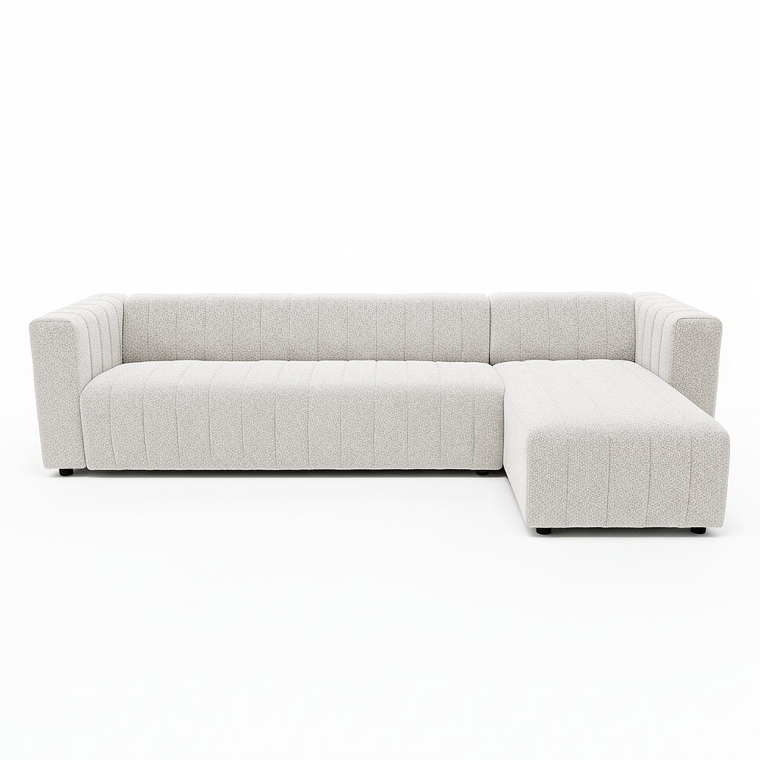 Parisa 4 Seater Tufted Boucle Sofa with Chaise in Cream White features an L-shaped design, clean squared-off arms, low black feet, and a right-side chaise, showcasing a modern, textured aesthetic.