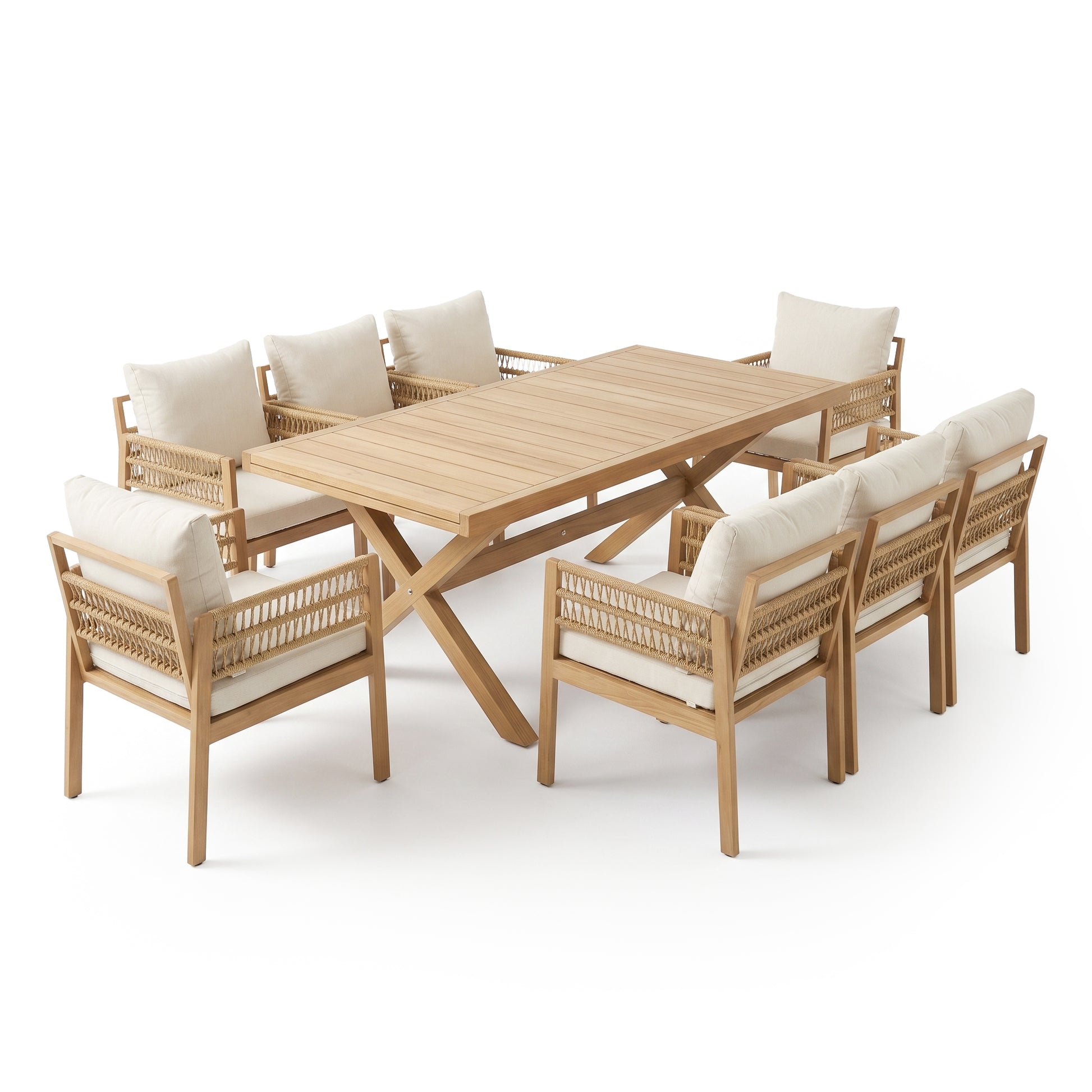 Complete outdoor dining set with table and six chairs on white background