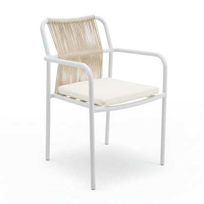 The Evone 4 Seater Stone Outdoor Dining Table Set in Natural features a sleek stone tabletop with slender white tubular chairs, beige rope backrests, and off-white seat cushions for a modern alfresco setting.