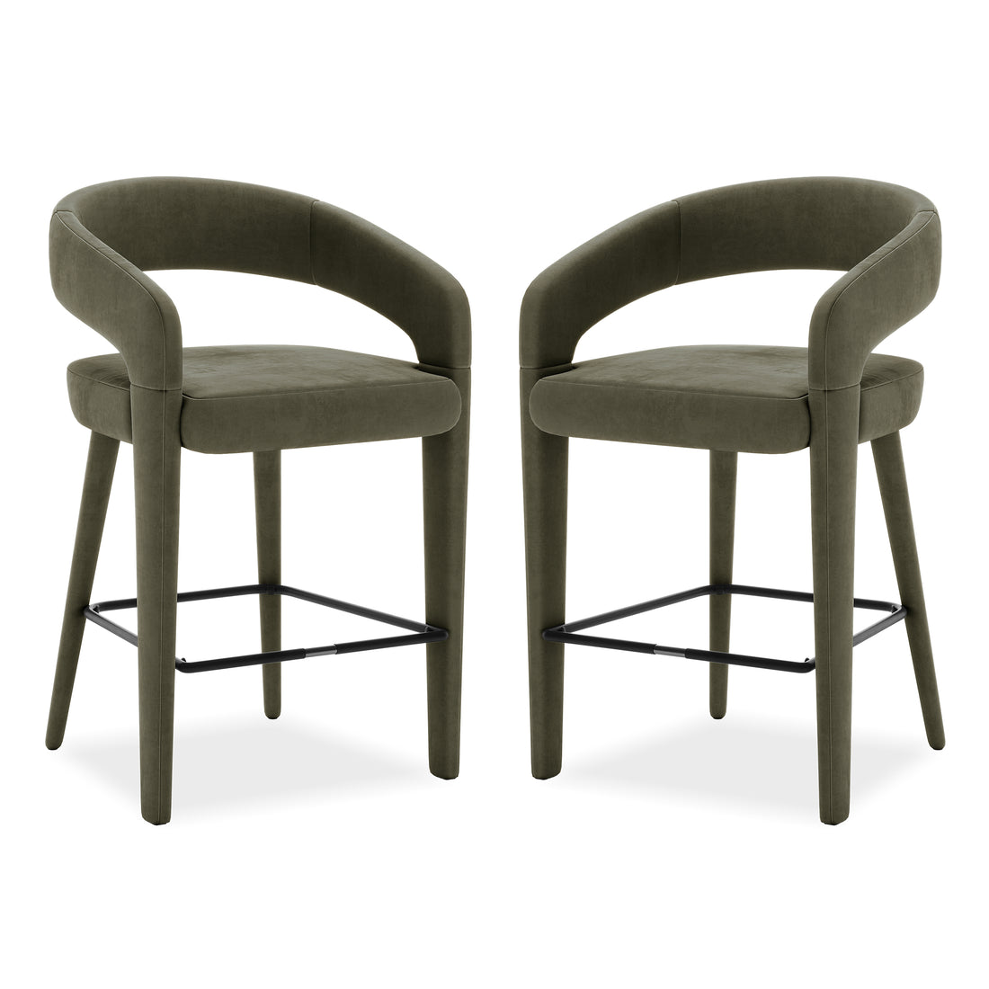 Two olive green bar stools side by side on white background