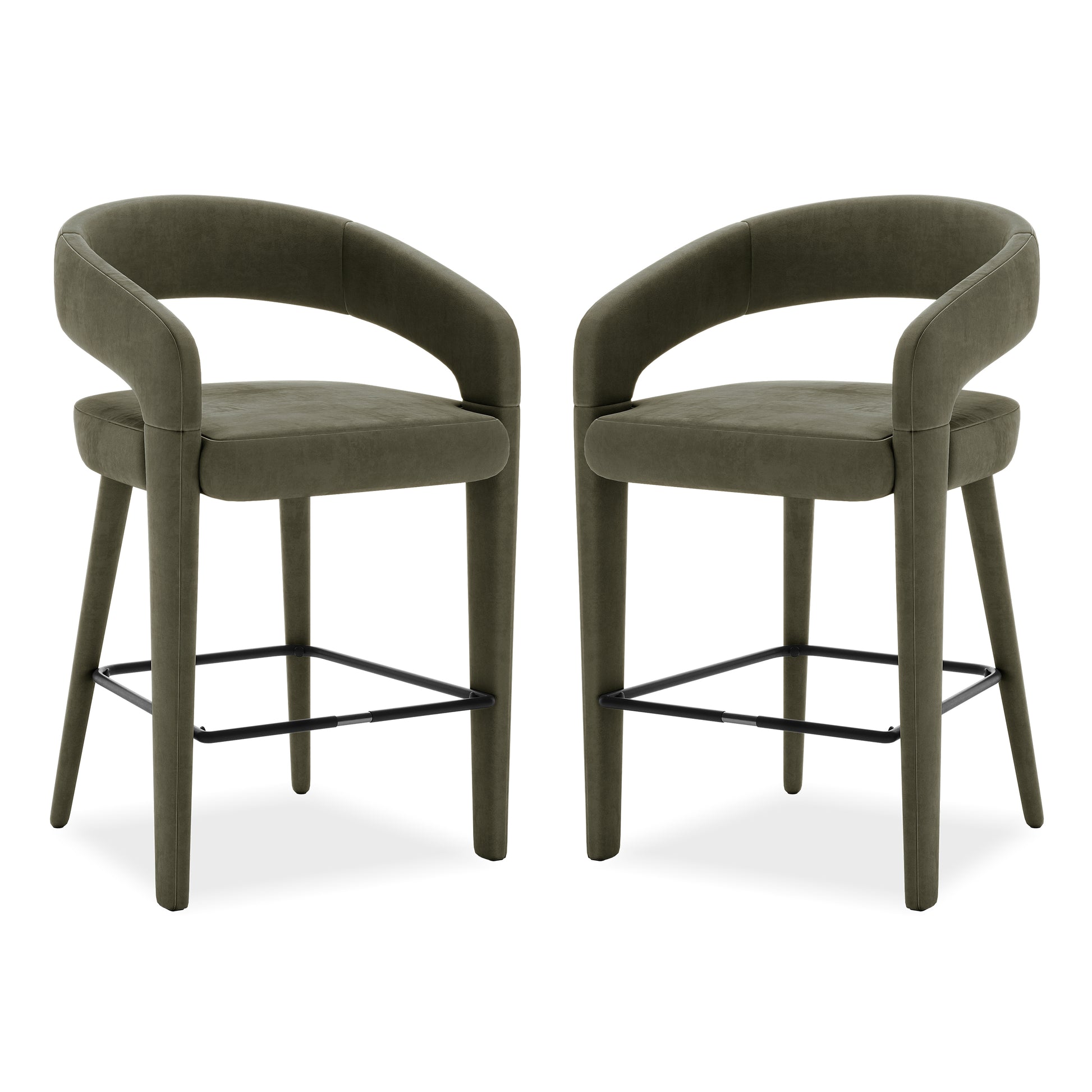 Two olive green bar stools side by side on white background