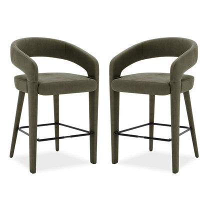 Two olive green bar stools side by side on white background