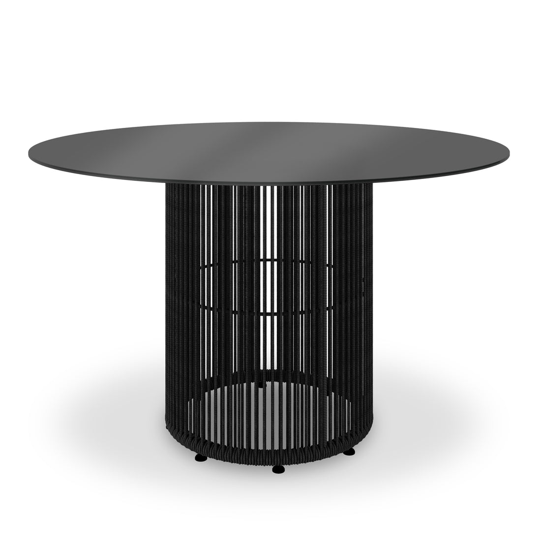 Vellora 4 Seater Wicker Outdoor Dining Set in Black features a sleek, round black tabletop with a cylindrical base of vertical rods, offering an airy, modern look for alfresco dining.