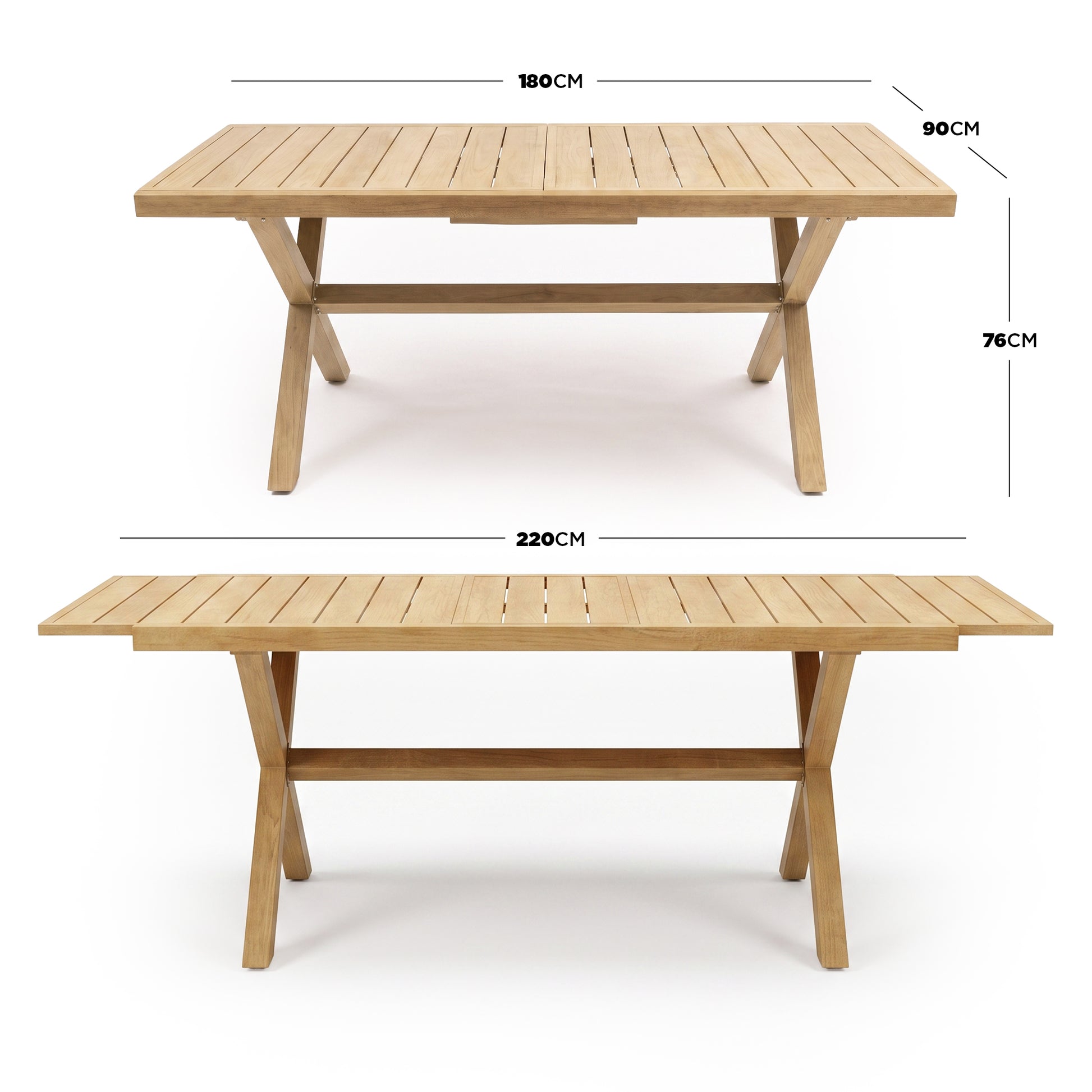 Wooden dining table with extension dimensions shown on a white background