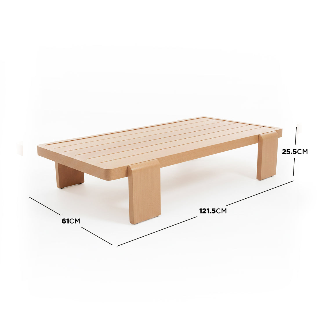 Modica 5 Seater Aluminium Outdoor Sofa Set in White featuring a low-profile aluminium frame with a slatted wooden-look table and plush cushions, designed for comfort and outdoor durability.