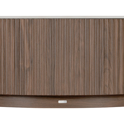 Close-up of the curved wood-finished front panel of a cabinet or console on white background