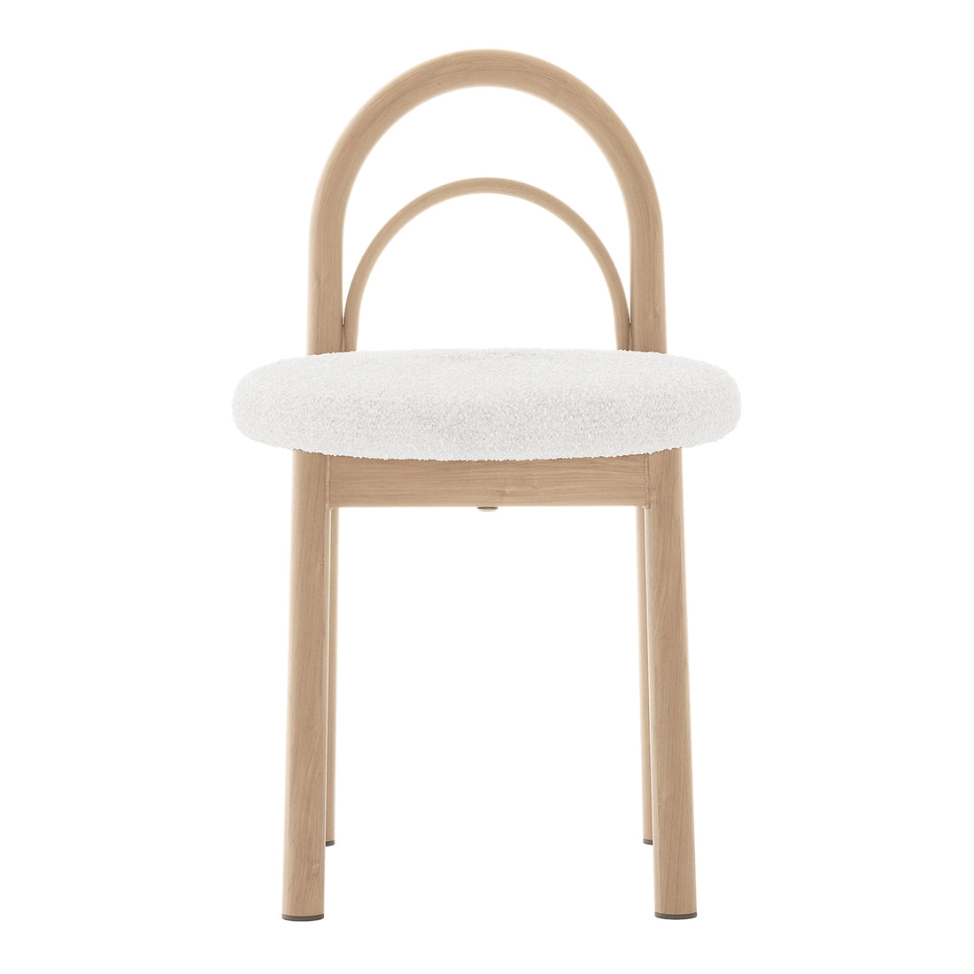 Front view of a modern chair with arched wooden backrest and white upholstered seat on white background