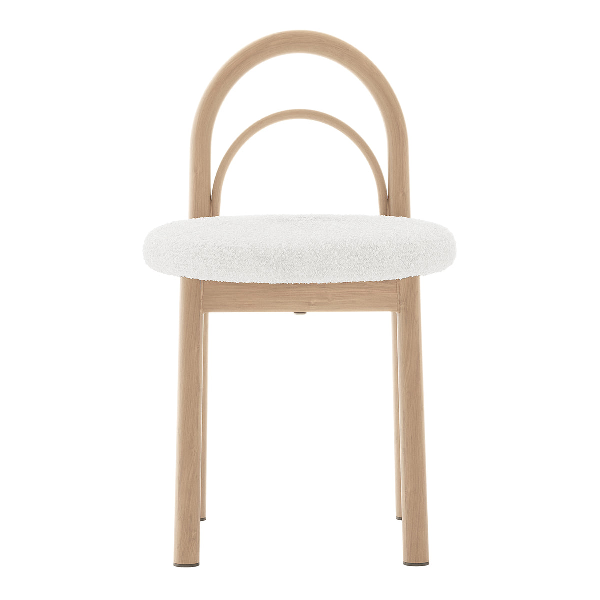 Front view of a modern chair with arched wooden backrest and white upholstered seat on white background