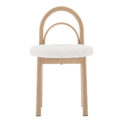Front view of a modern chair with arched wooden backrest and white upholstered seat on white background