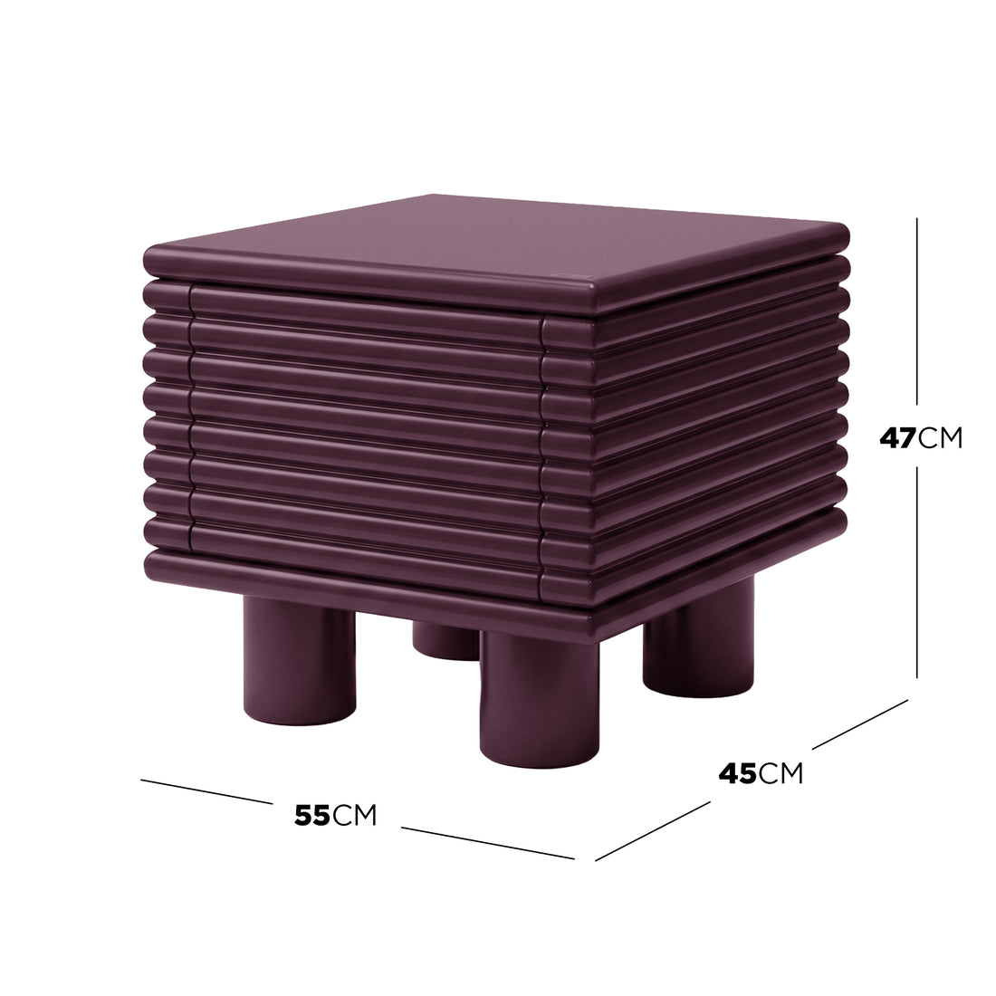 Modern burgundy side table with dimensions labeled (47 cm H × 45 cm D × 55 cm W)