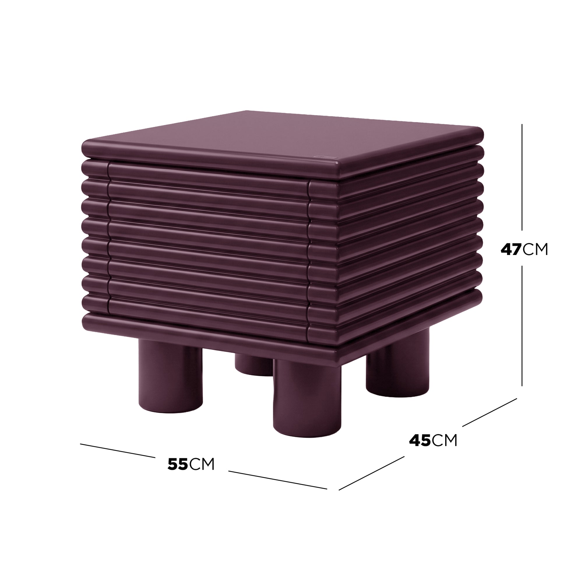 Modern burgundy side table with dimensions labeled (47 cm H × 45 cm D × 55 cm W)