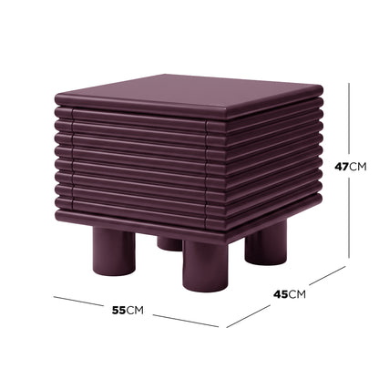 Modern burgundy side table with dimensions labeled (47 cm H × 45 cm D × 55 cm W)