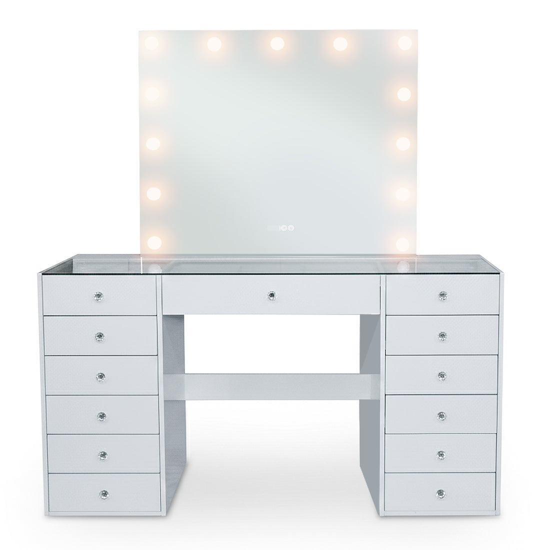 Sleek white vanity table and mirror with bulbs on white background