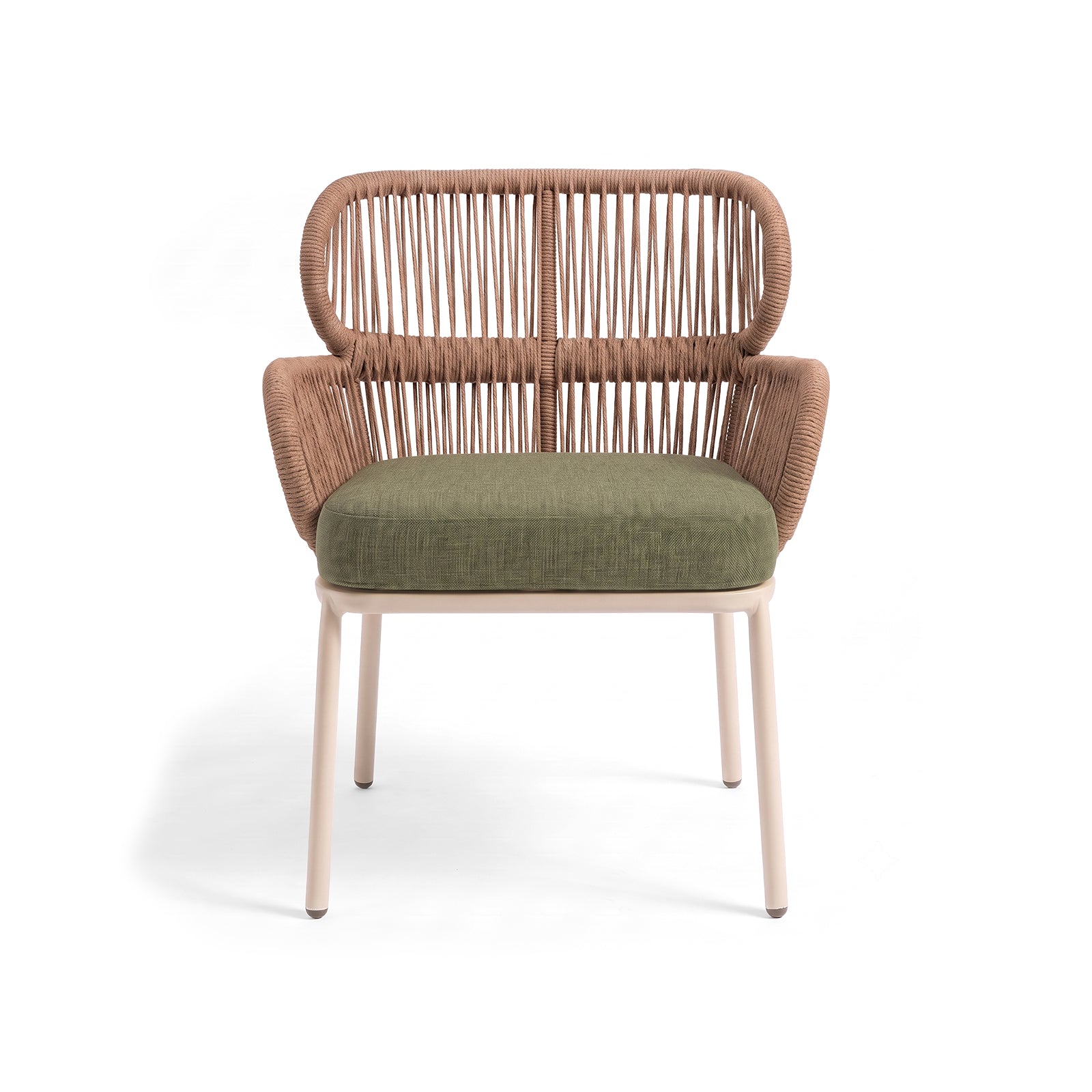 Modern woven chair with green cushion on a white background