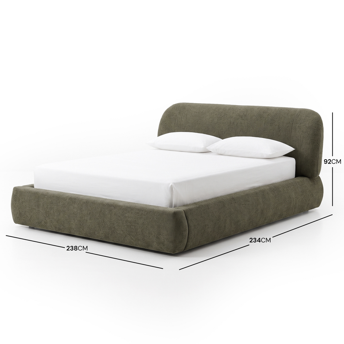 Upholstered bed on white background with dimension measurements shown