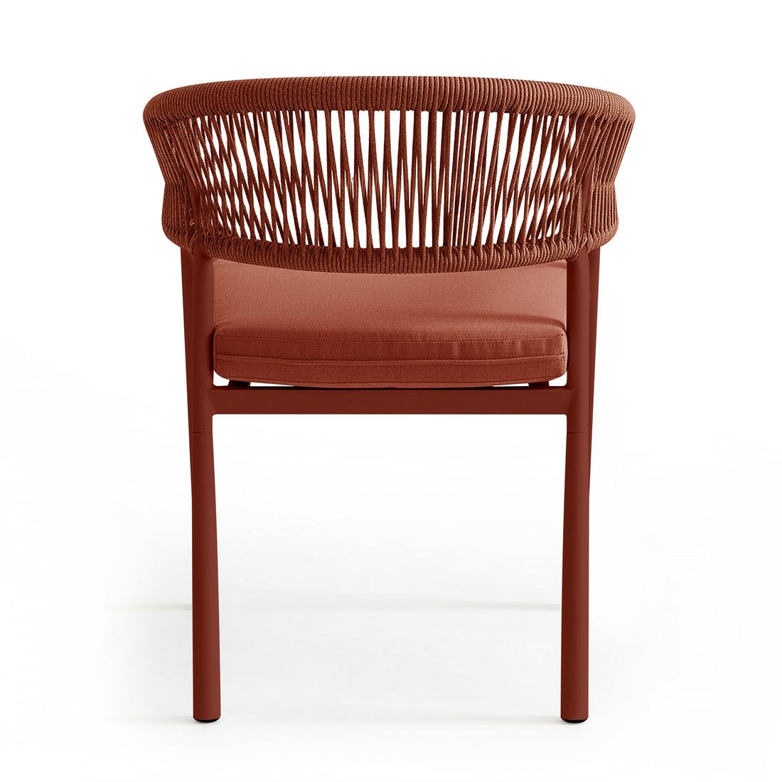 Coastal Outdoor Rope Dining Chairs Set of 2 in Burnt Orange feature a modern design with a reddish-terra-cotta metal frame and vertical rope backrest, complemented by matching cushioned seats.