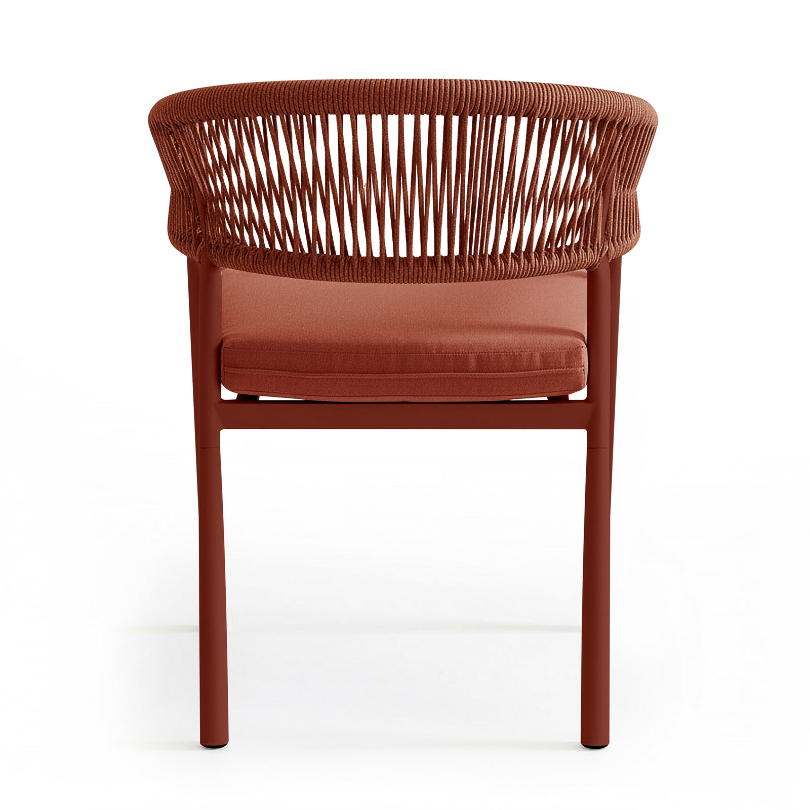 Coastal Outdoor Rope Dining Chairs Set of 2 in Burnt Orange feature a modern design with a reddish-terra-cotta metal frame and vertical rope backrest, complemented by matching cushioned seats.