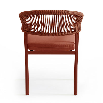 Coastal Outdoor Rope Dining Chairs Set of 2 in Burnt Orange feature a modern design with a reddish-terra-cotta metal frame and vertical rope backrest, complemented by matching cushioned seats.