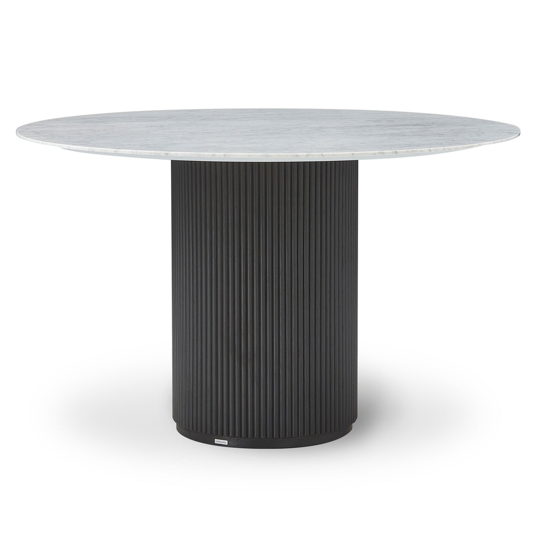 Gracie 120cm Round Marble Dining Table in Black features a sleek white marble-look top and a black fluted pedestal base, offering a modern centerpiece for your dining space.