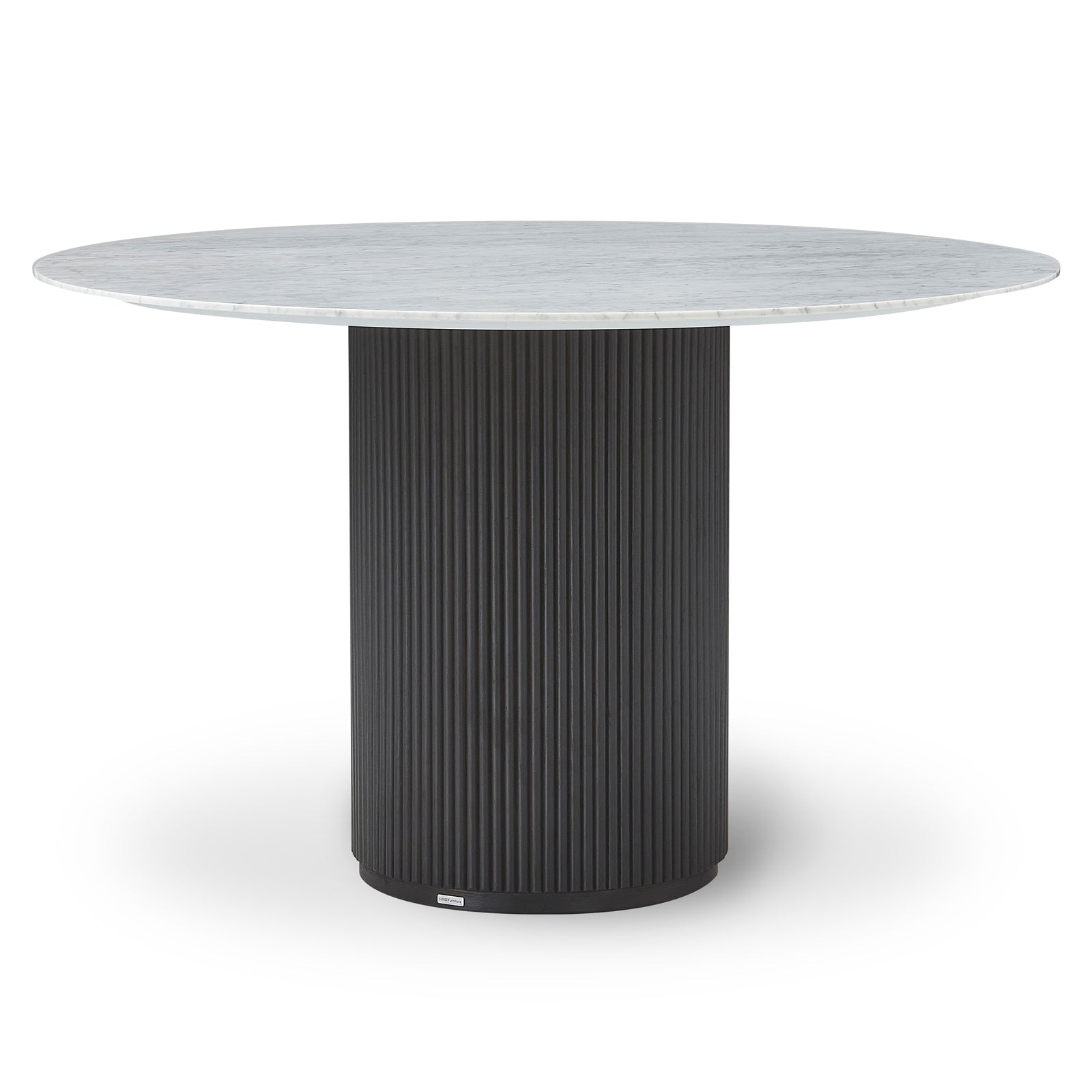 Gracie 120cm Round Marble Dining Table in Black features a sleek white marble-look top and a black fluted pedestal base, offering a modern centerpiece for your dining space.