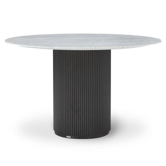 Gracie 120cm Round Marble Dining Table in Black features a sleek white marble-look top and a black fluted pedestal base, offering a modern centerpiece for your dining space.