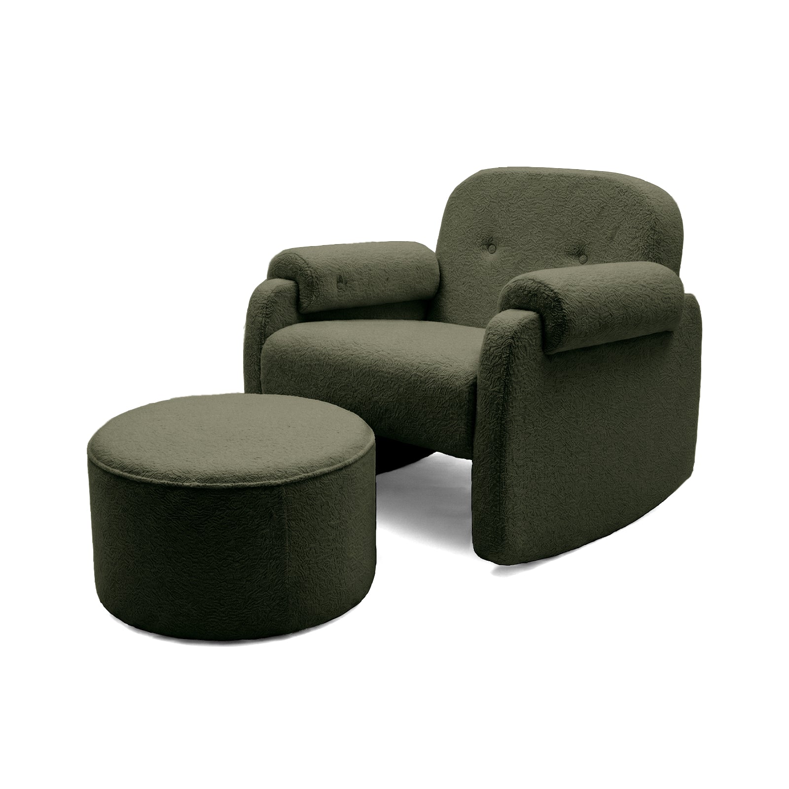 Olive green upholstered armchair with matching ottoman on white background