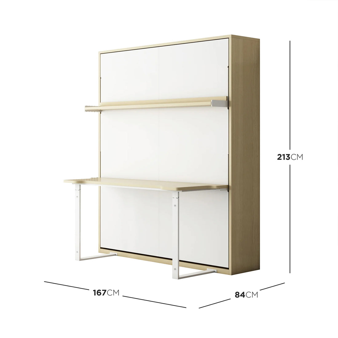 Logan Queen Murphy Bed & Cybele Mattress in White Natural; a fold-down desk unit with two large white doors, revealing a desk with metal legs and a shelf when opened.