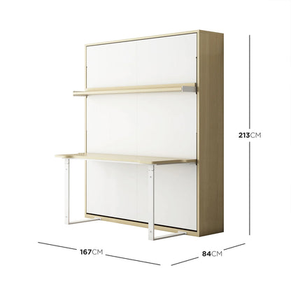 Logan Queen Murphy Bed & Cybele Mattress in White Natural; a fold-down desk unit with two large white doors, revealing a desk with metal legs and a shelf when opened.