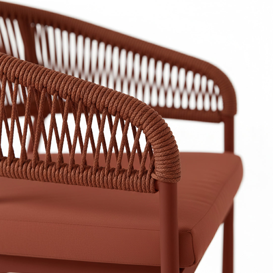 Coastal Outdoor Rope Dining Chairs Set of 2 in Burnt Orange, featuring a powder-coated metal frame, diamond-lattice braided rope backrest, and cushioned seat, perfect for stylish and comfortable outdoor dining.