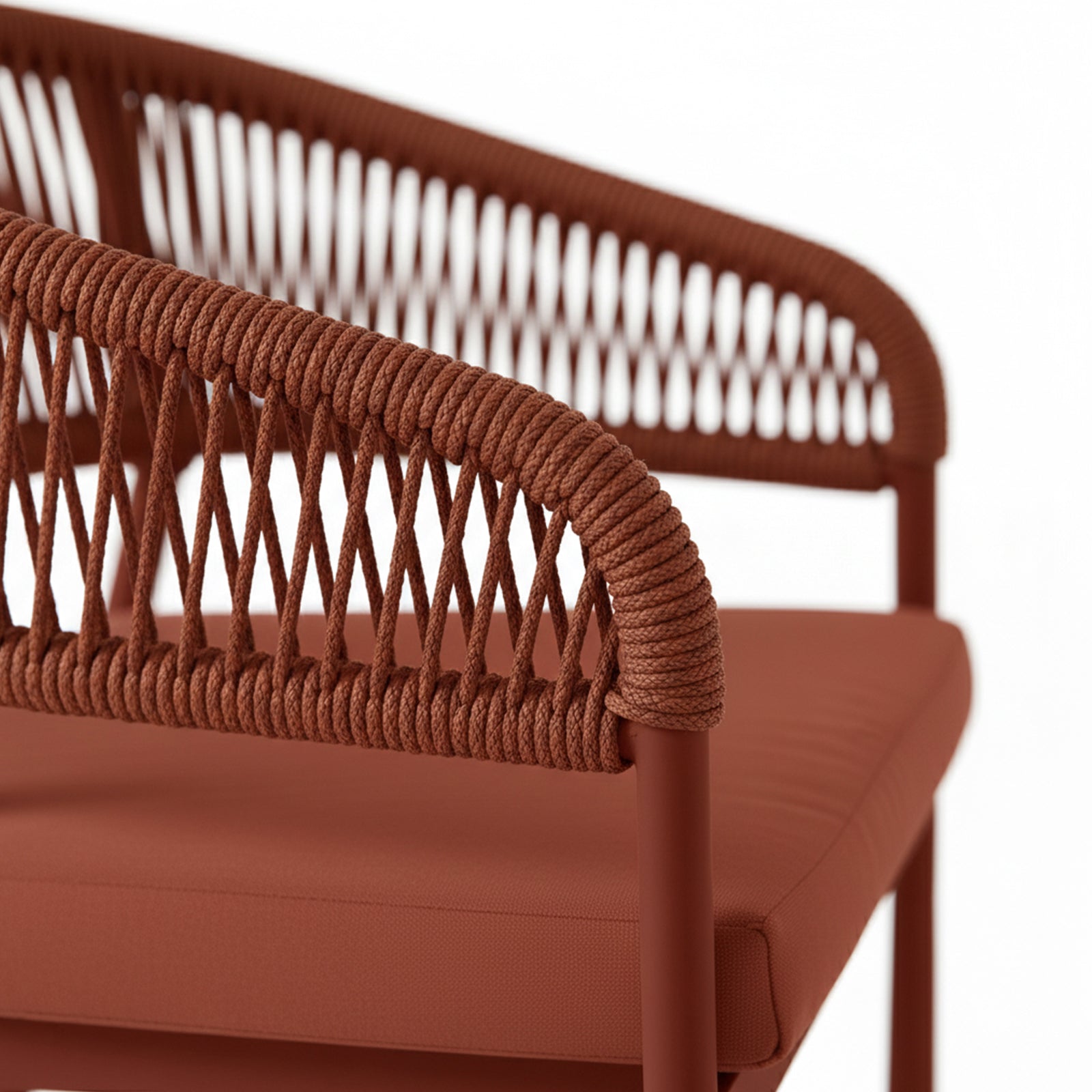 Coastal Outdoor Rope Dining Chairs Set of 2 in Burnt Orange, featuring a powder-coated metal frame, diamond-lattice braided rope backrest, and cushioned seat, perfect for stylish and comfortable outdoor dining.