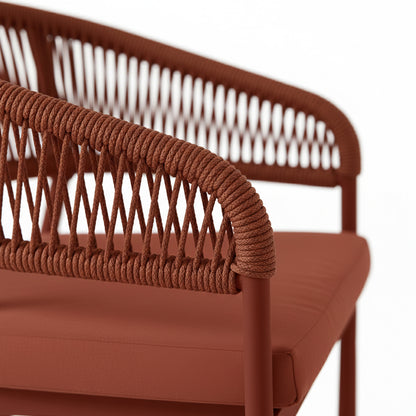 Coastal Outdoor Rope Dining Chairs Set of 2 in Burnt Orange, featuring a powder-coated metal frame, diamond-lattice braided rope backrest, and cushioned seat, perfect for stylish and comfortable outdoor dining.