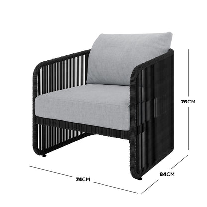 Solari 4 Seater Wicker Outdoor Sofa Set in Black, featuring a black tubular frame with rope wrapping, light-gray cushions, and dimensions of 74 cm depth, 84 cm width, and 76 cm height.
