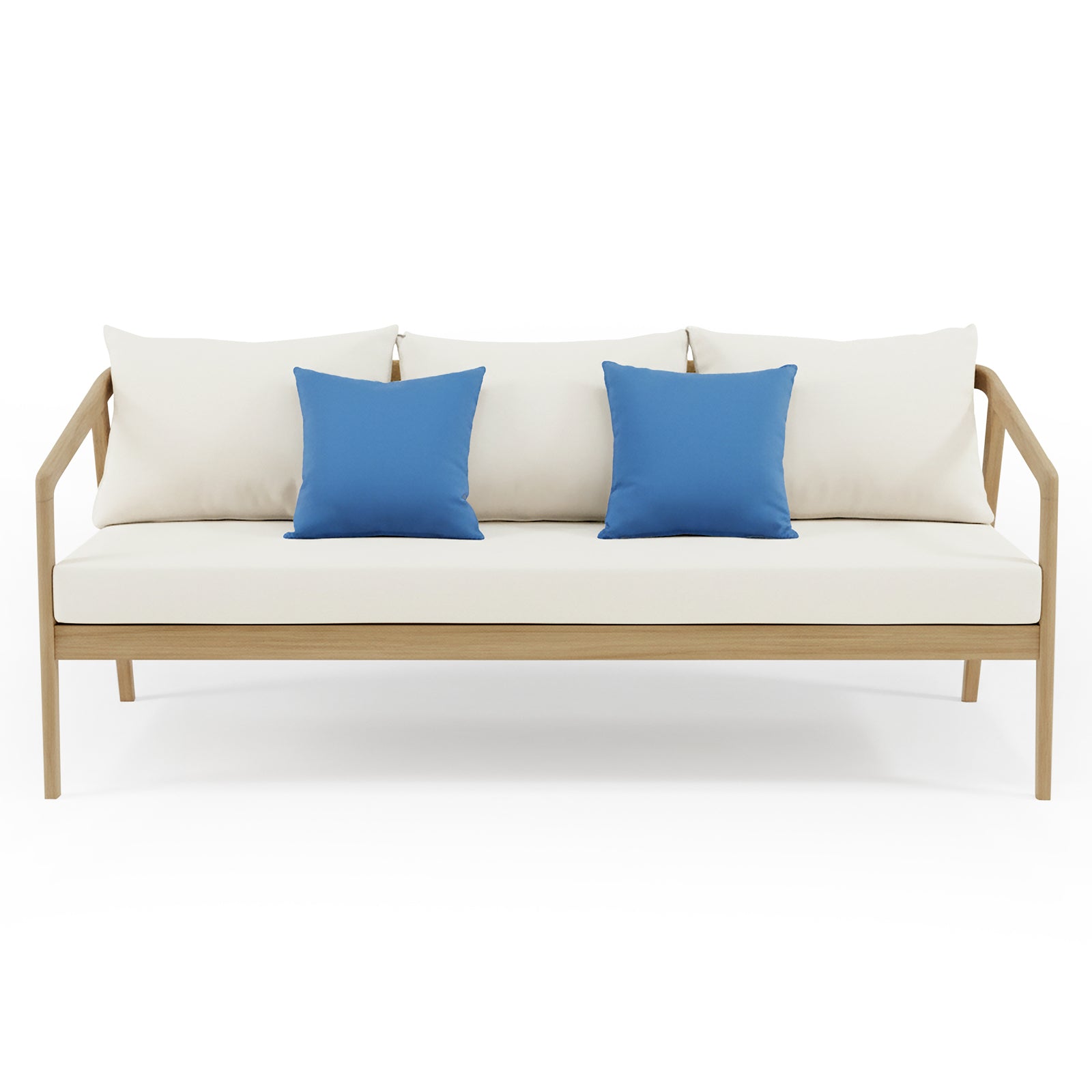 Delva 4 Seater Hardwood Acacia Outdoor Sofa Set in Cream features a wooden-frame three-seat bench with cream cushions and two blue throw pillows, highlighting its modern design against a plain, white background.