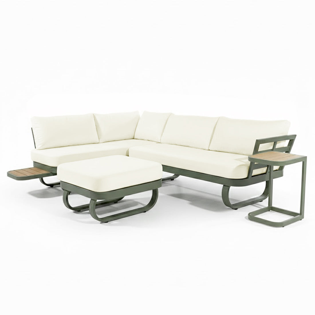 Paloma Modular Outdoor Lounge Set in Olive Green featuring an L-shaped sectional with cream cushions, wood-slatted side trays, a matching ottoman, and a C-shaped side table for versatile outdoor seating.