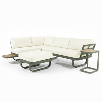 Paloma Modular Outdoor Lounge Set in Olive Green featuring an L-shaped sectional with cream cushions, wood-slatted side trays, a matching ottoman, and a C-shaped side table for versatile outdoor seating.