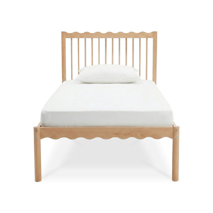 Natural wood single bed frame front view with white mattress and pillow on white background
