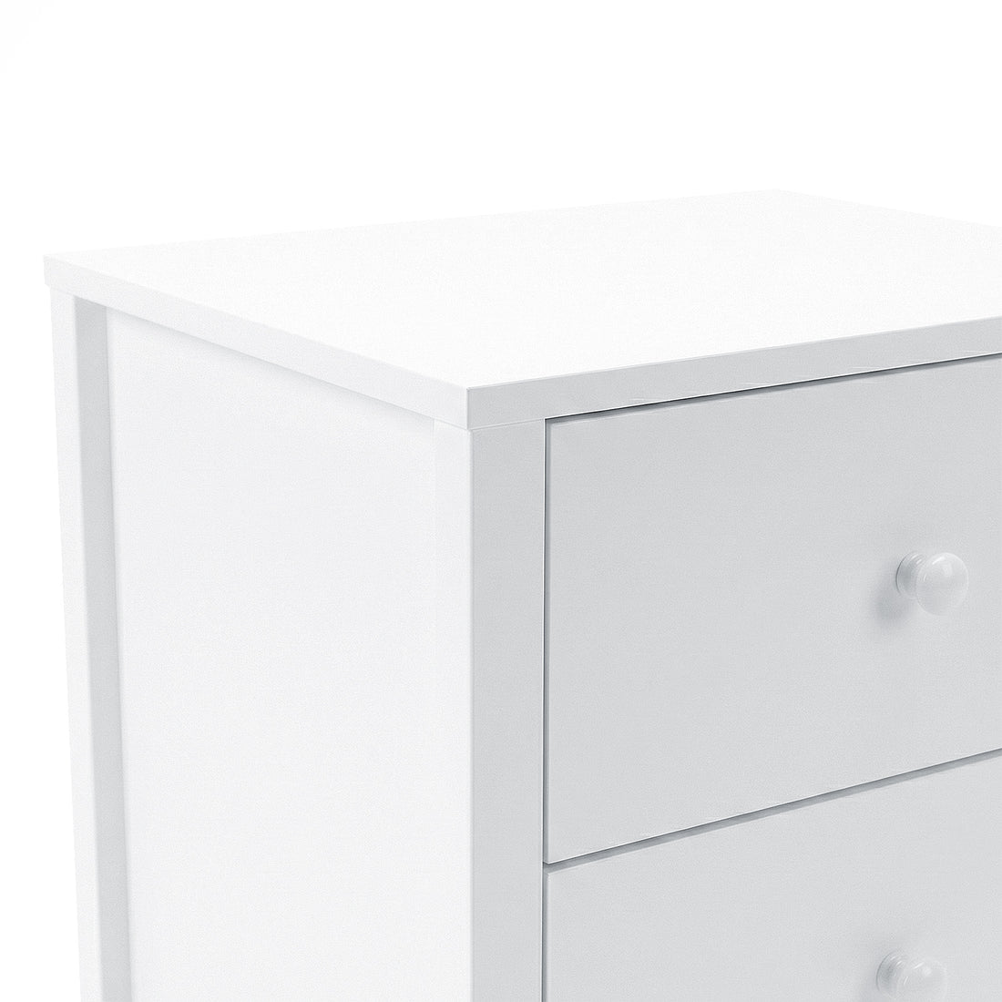 Close-up partial view of white drawer unit front and top on white background