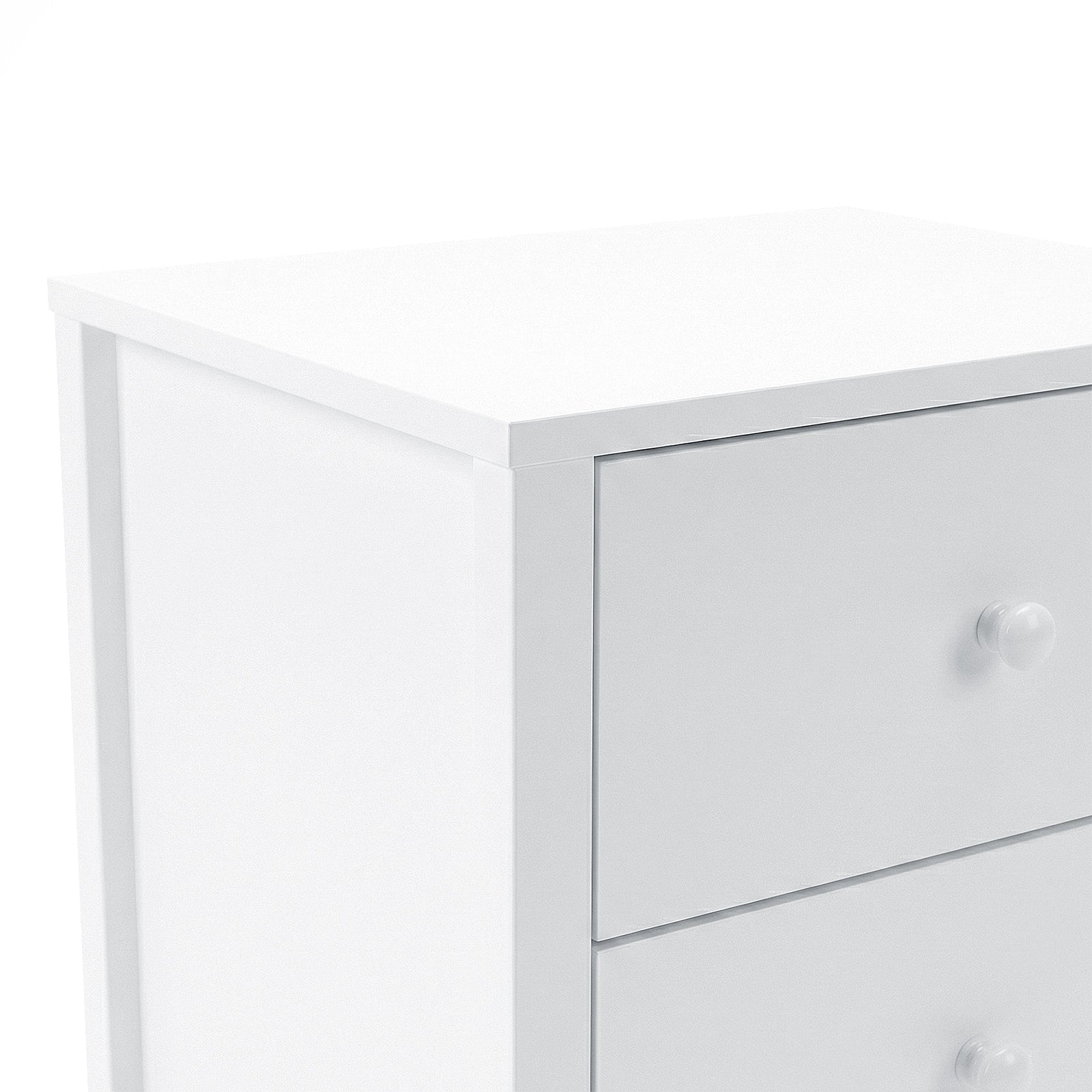 Close-up partial view of white drawer unit front and top on white background