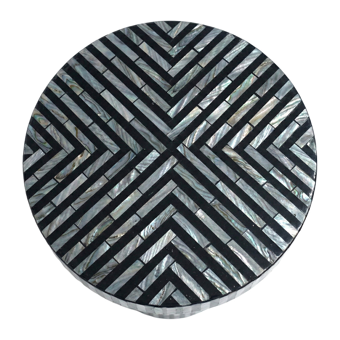 Round decorative inlay top with black and iridescent geometric pattern on white background