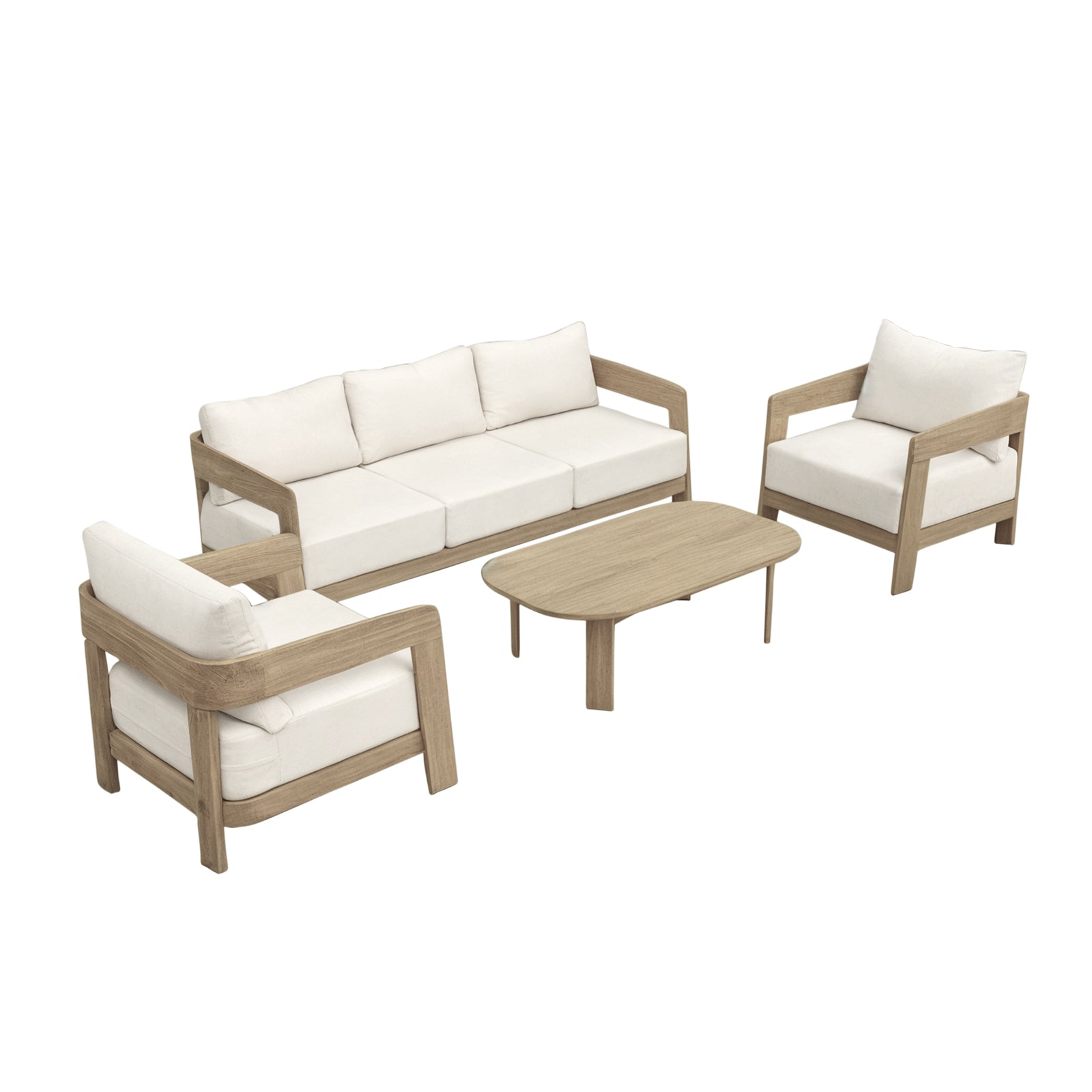 Elani 5 Seater Acacia Hardwood Outdoor Sofa Set in Cream features light wood frames, off-white cushions, a three-seat sofa, two armchairs, and an oval coffee table, offering a stylish alfresco retreat.