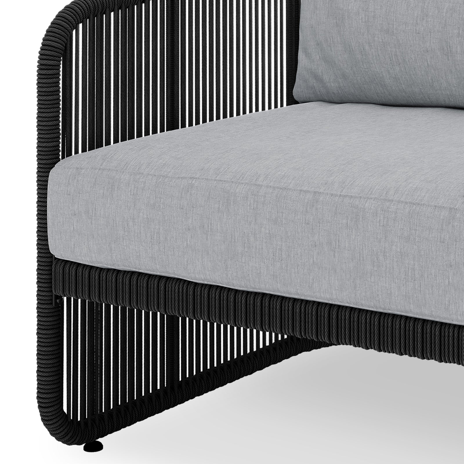 Close-up of Solari 4 Seater Wicker Outdoor Sofa Set in Black, highlighting the black rope-wrapped metal frame and light-gray upholstered cushion, showcasing its modern design and comfort.