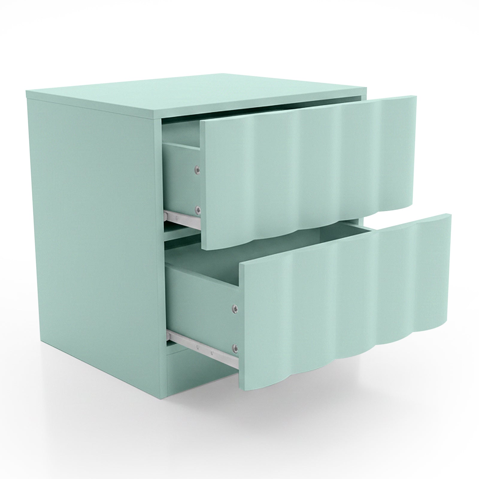 Mint green nightstand with both drawers pulled open on white background
