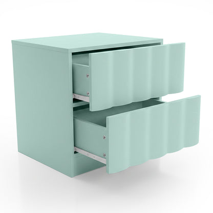 Mint green nightstand with both drawers pulled open on white background
