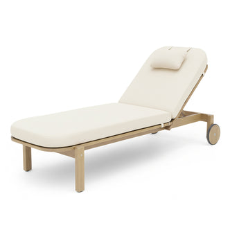 Zyra Hardwood Reclining Sun Lounger with Cushion in Cream features a light-wood frame, adjustable backrest, matching pillow, and rear wheels, ideal for poolside comfort and outdoor enjoyment.