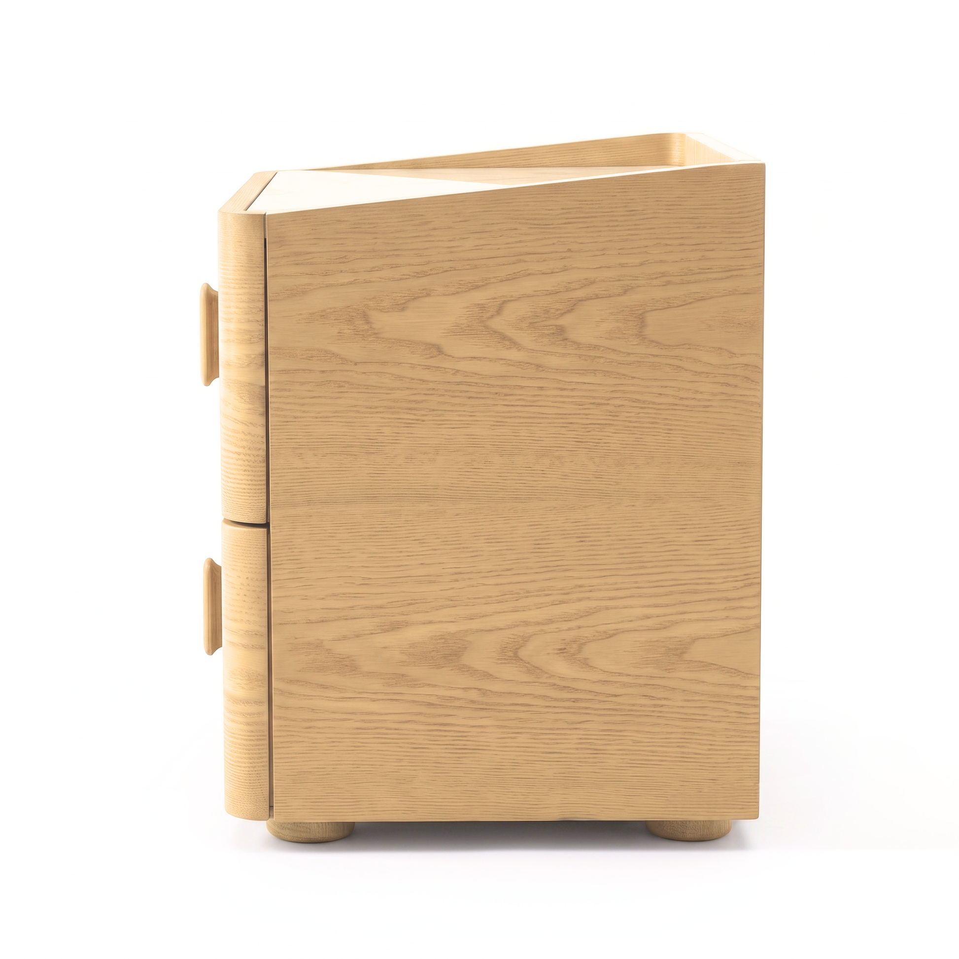 Side view of a light wood two-drawer nightstand on a white background
