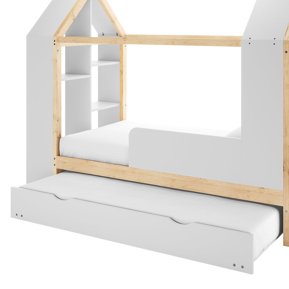 Halden Kids Cubby Bed Storage & Trundle in White & Natural, featuring a house-shaped bunk bed with guardrails, built-in shelving, and a pull-out trundle, ideal for children's rooms with limited space.